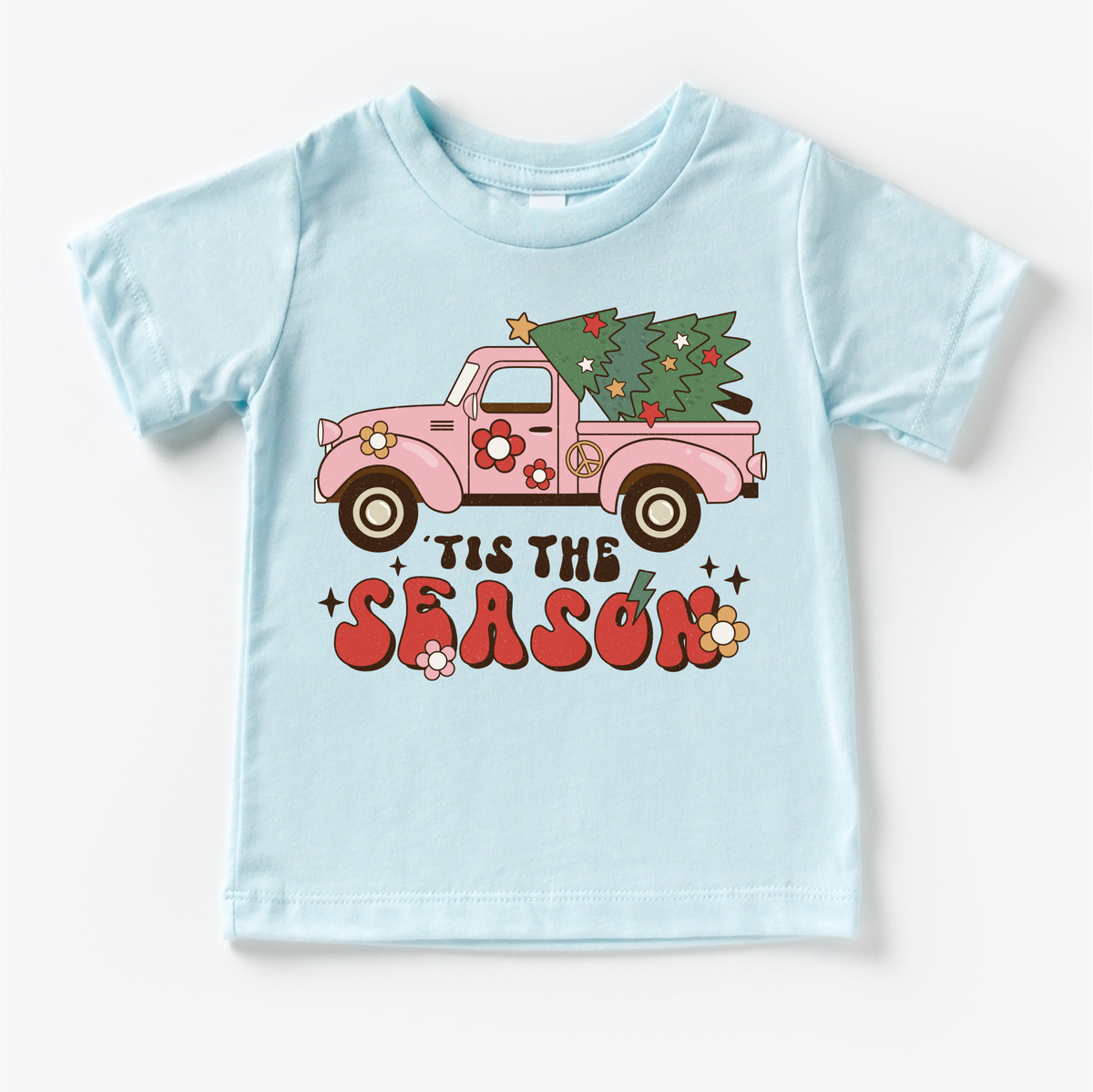 Tis The Season Vintage Pink Truck Christmas design on a blue garment.