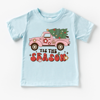 Tis The Season Vintage Pink Truck Christmas design on a blue garment.