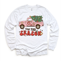 Tis The Season Vintage Pink Truck Christmas design on a long sleeve shirt.