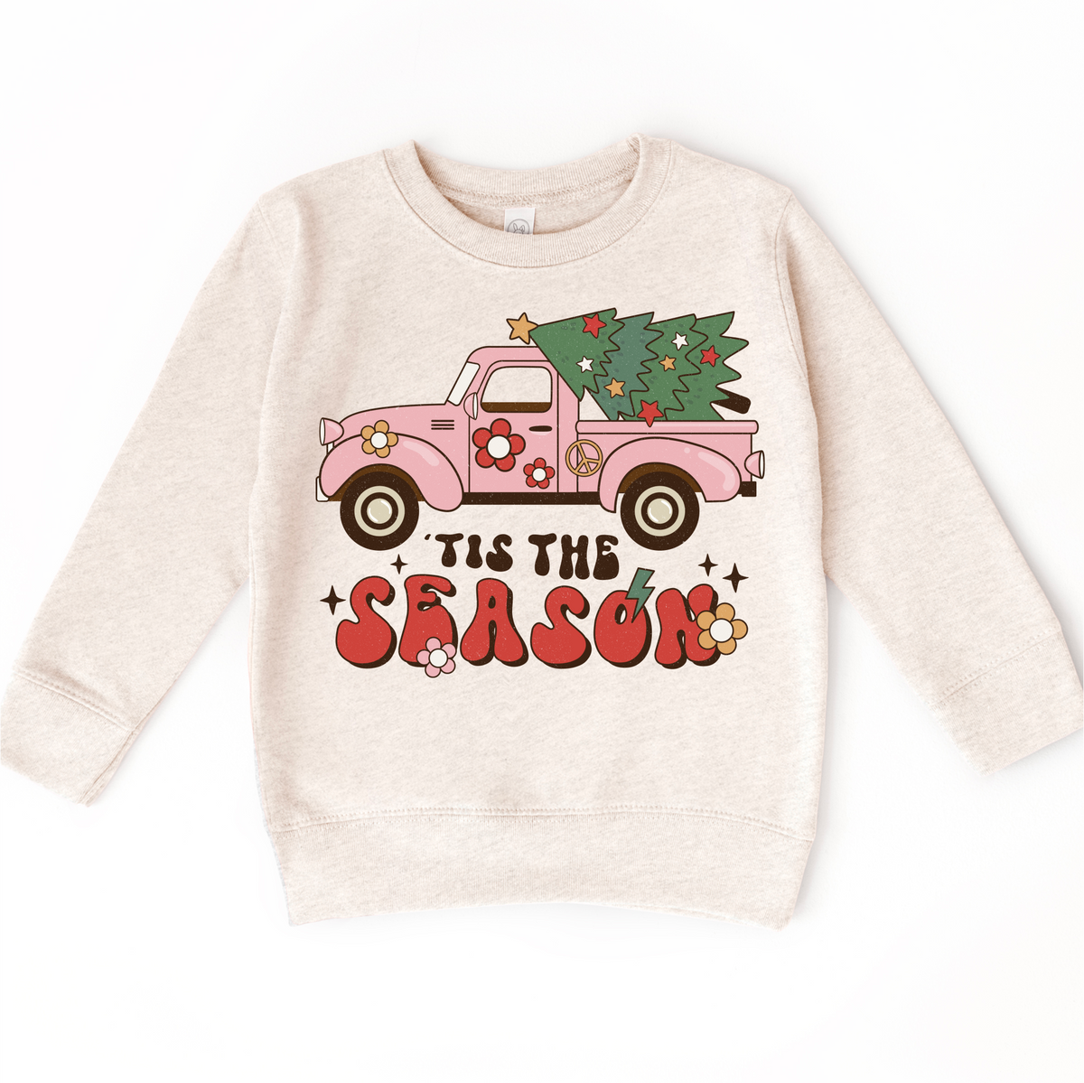 Tis The Season Vintage Pink Truck Christmas design on a natural sweatshirt.