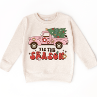 Tis The Season Vintage Pink Truck Christmas design on a natural sweatshirt.