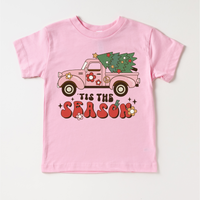 Tis The Season Vintage Pink Truck Christmas design on a pink garment.