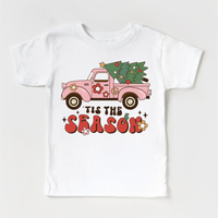 Tis The Season Vintage Pink Truck Christmas design on a white garment.