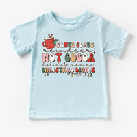 Hot Cocoa Reindeer Christmas design on a blue garment.