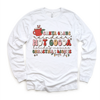 Hot Cocoa Reindeer Christmas design on a long sleeve shirt.