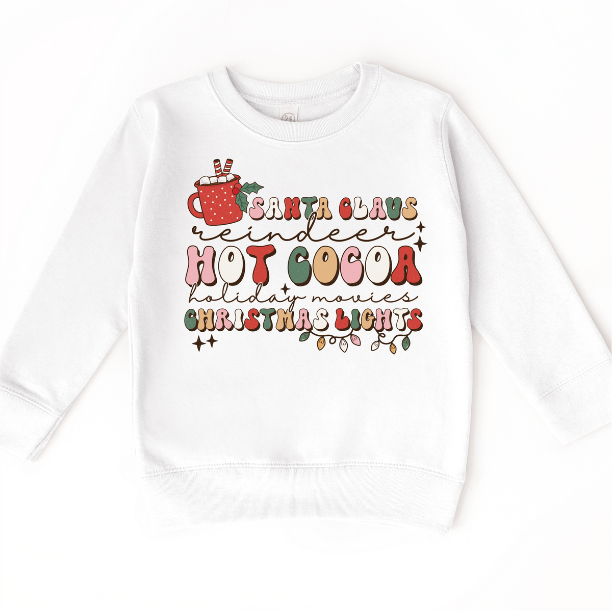 Hot Cocoa Reindeer Christmas design on a white sweatshirt.