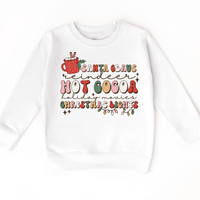 Hot Cocoa Reindeer Christmas design on a white sweatshirt.