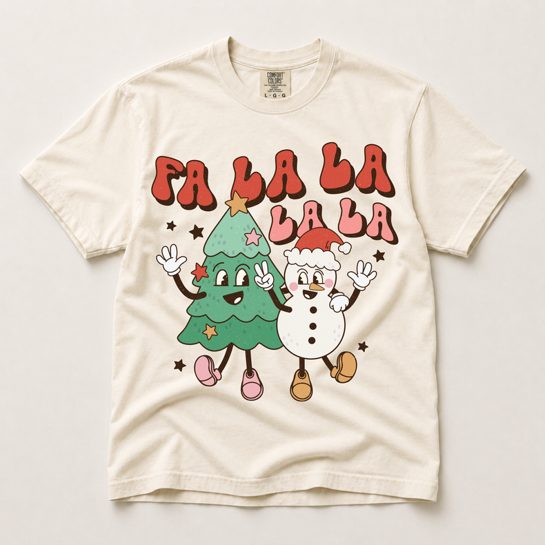 Fa La La Graphic T-Shirt, Retro Christmas Tree and Snowman Tee