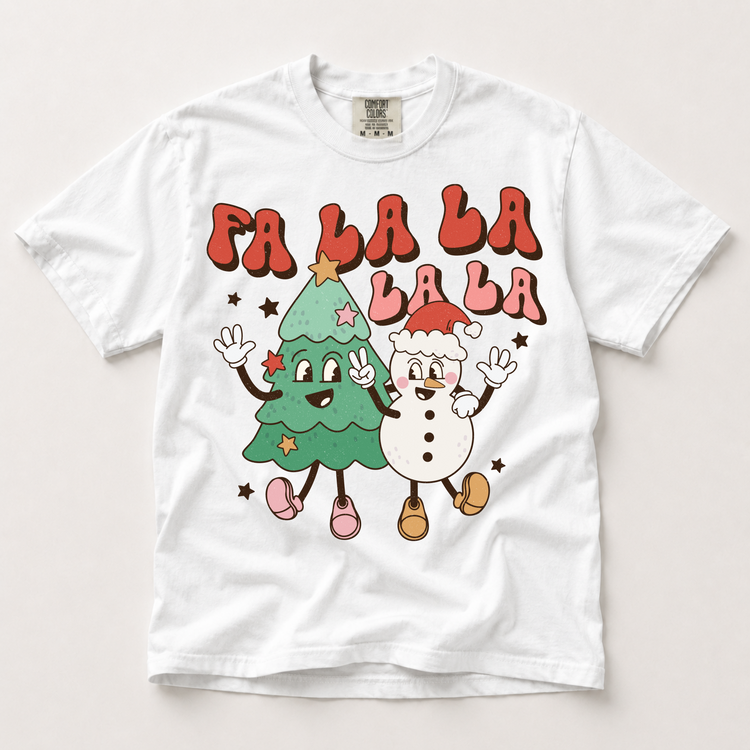Fa La La Graphic T-Shirt, Retro Christmas Tree and Snowman Tee