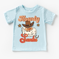 Howdy Santa Cowboy Christmas design on a blue garment.