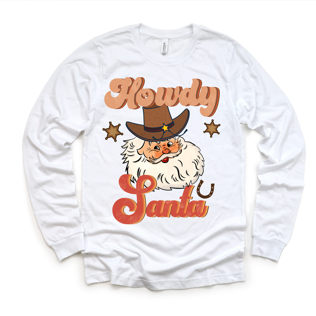 Howdy Santa Cowboy Christmas design on a long sleeve shirt.