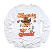 Howdy Santa Cowboy Christmas design on a long sleeve shirt.