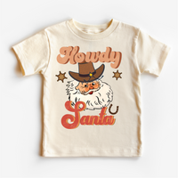 Howdy Santa Cowboy Christmas design on a natural garment.