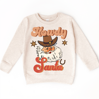 Howdy Santa Cowboy Christmas Toddler design on a natural sweatshirt.