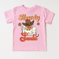 Howdy Santa Cowboy Christmas design on a pink garment.