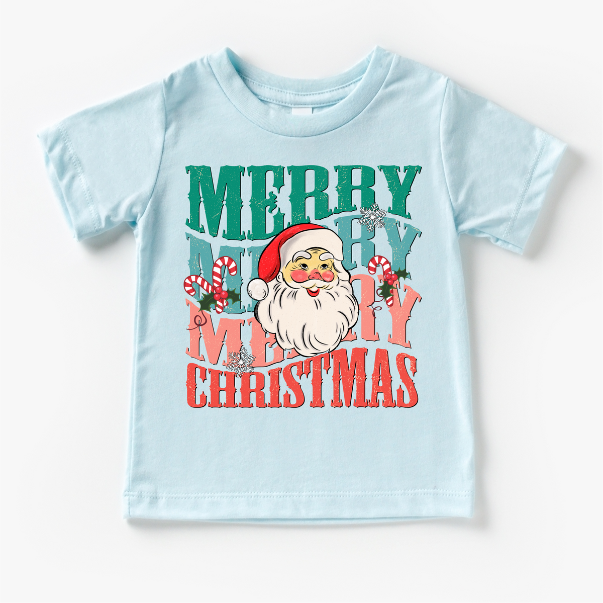Merry Merry Christmas Santa design on a blue garment.