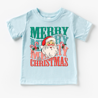 Merry Merry Christmas Santa design on a blue garment.