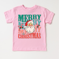 Merry Merry Christmas Santa design on a pink garment.