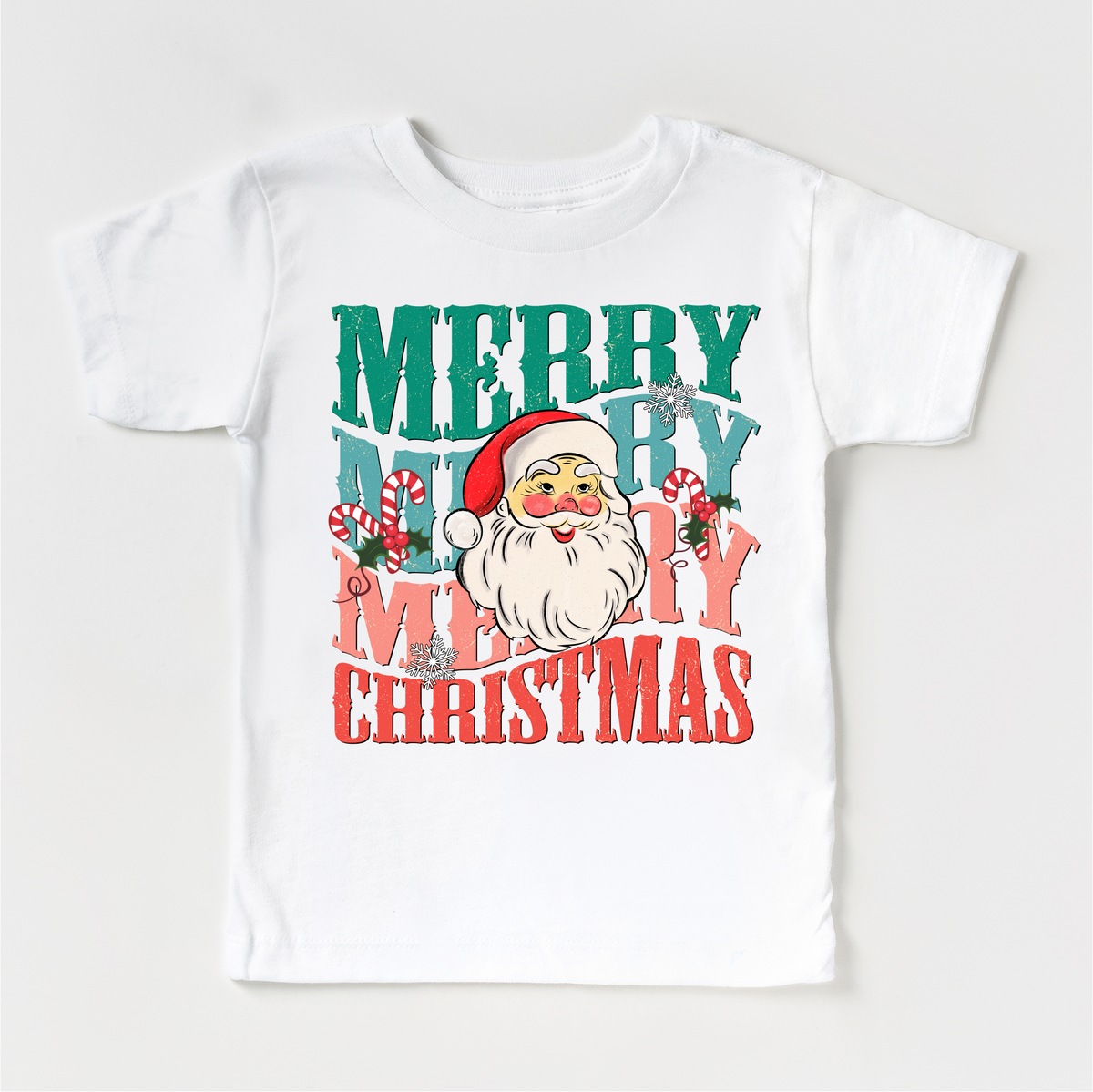 Merry Merry Christmas Santa design on a white garment.