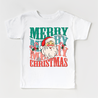 Merry Merry Christmas Santa design on a white garment.