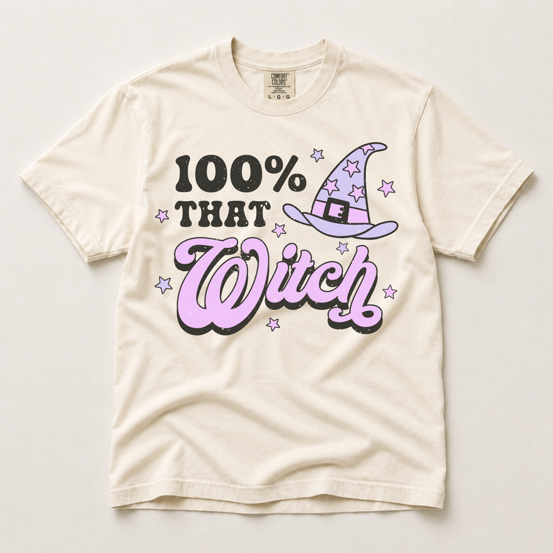 100% That Witch graphic on an ivory Comfort Colors Halloween T-shirt