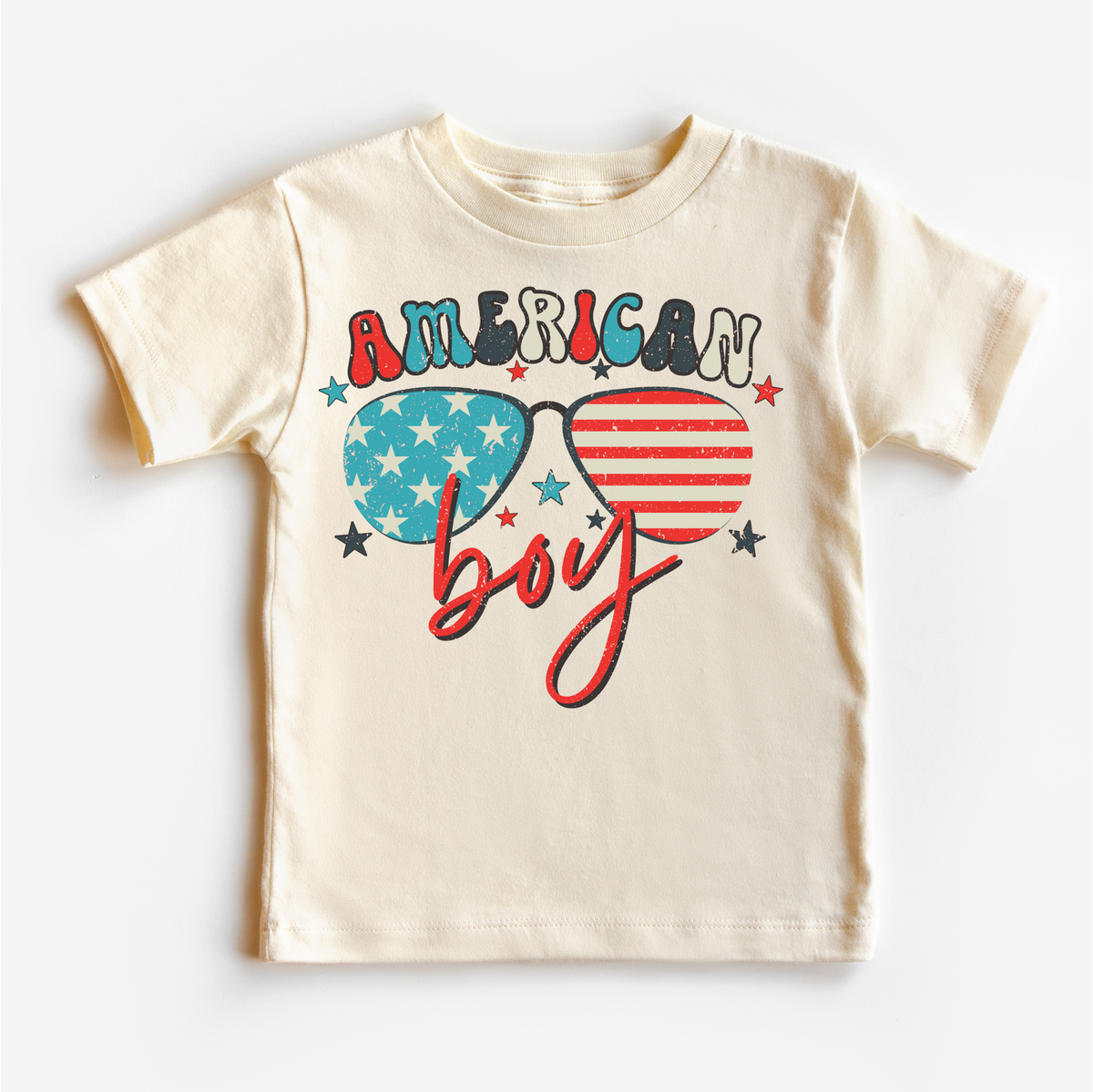Retro American Boy 4th Of July design on a natural garment.