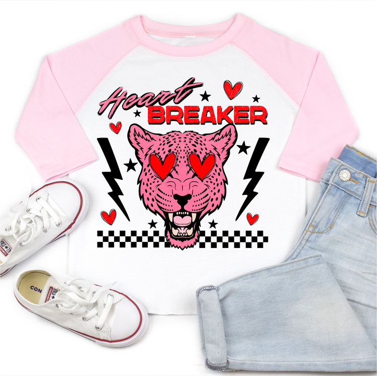 Heart Breaker Leopard Valentie's Day Raglan Shirt - Girls VDay 3/4 Sleeve Tee