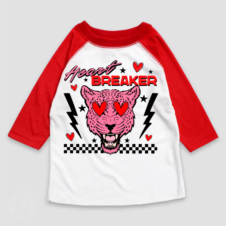 Heart Breaker Leopard Valentie's Day Raglan Shirt - Girls VDay 3/4 Sleeve Tee