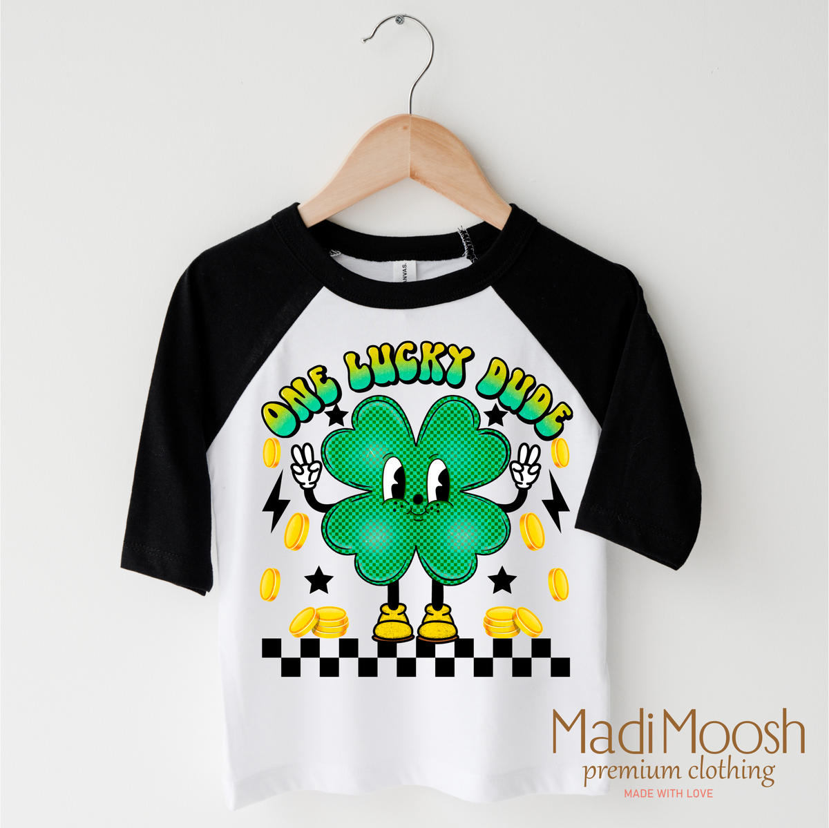 One Lucky Dude Retro St. Patrick's Day design on a black-accented shirt.