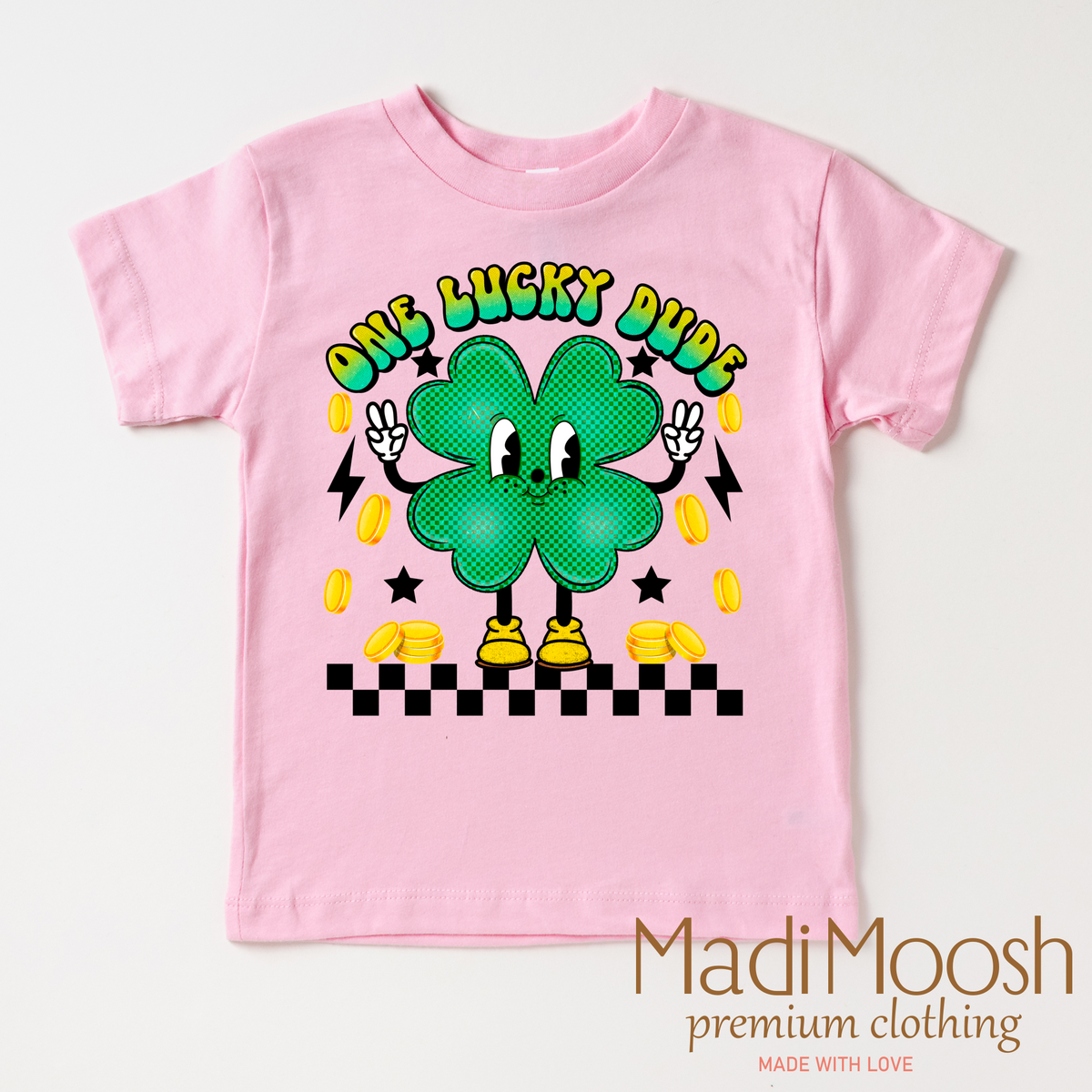 One Lucky Dude Retro St. Patrick's Day design on a pink garment.