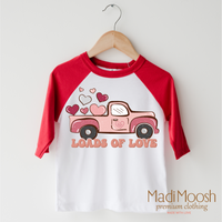 Loads Of Love Valentine design on a red-accented shirt.