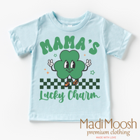 Mama's Lucky Clover St. Patrick's Day design on a blue garment.