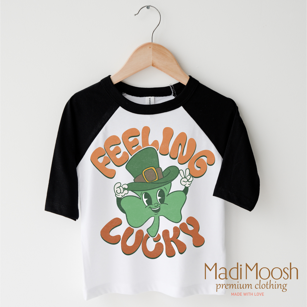 Feeling Lucky Retro St. Patrick's Day design on a black-accented shirt.