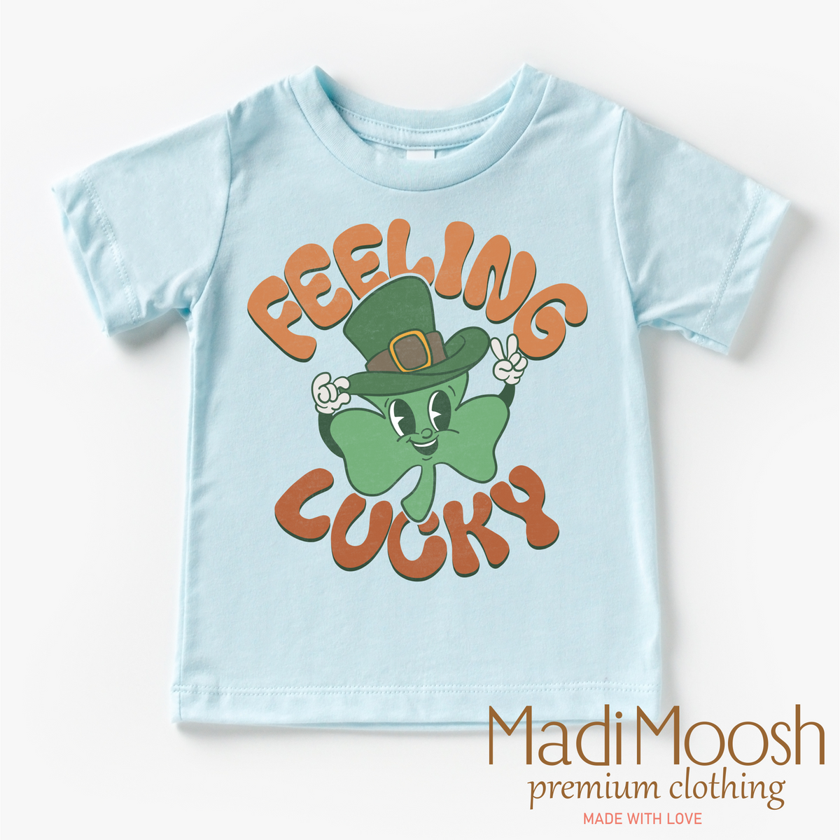 Feeling Lucky Retro St. Patrick's Day design on a blue garment.