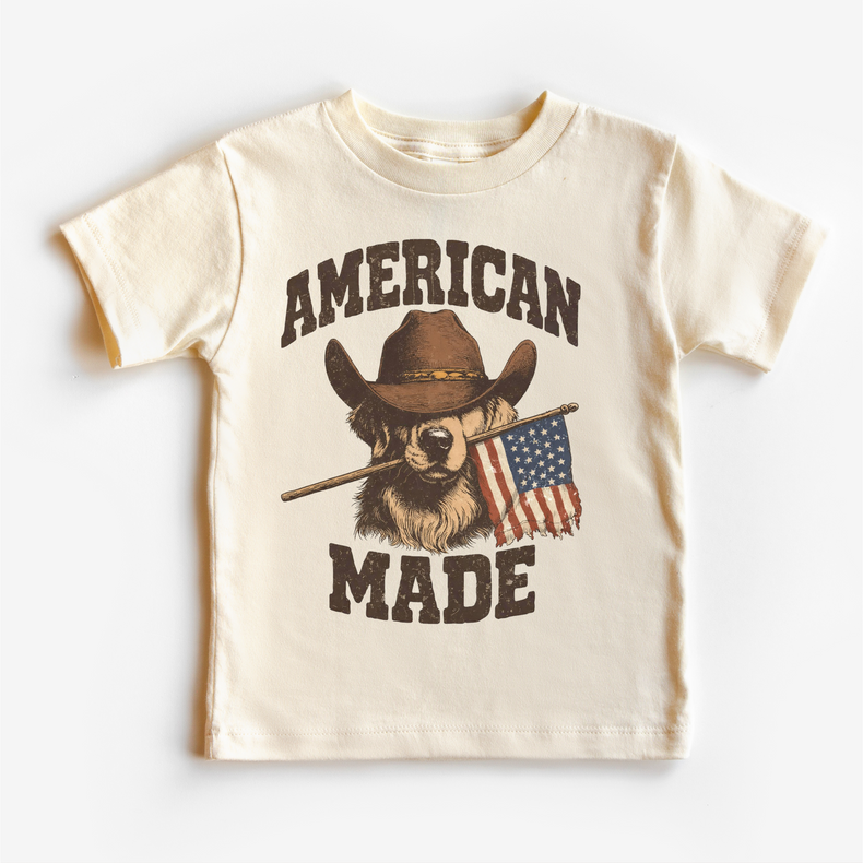 American Made Kids T-Shirt | Patriotic Cowboy Dog Tee | Western USA Graphic Shirt | 4th of July Kids Tee