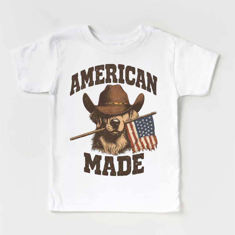 American Made Kids T-Shirt | Patriotic Cowboy Dog Tee | Western USA Graphic Shirt | 4th of July Kids Tee