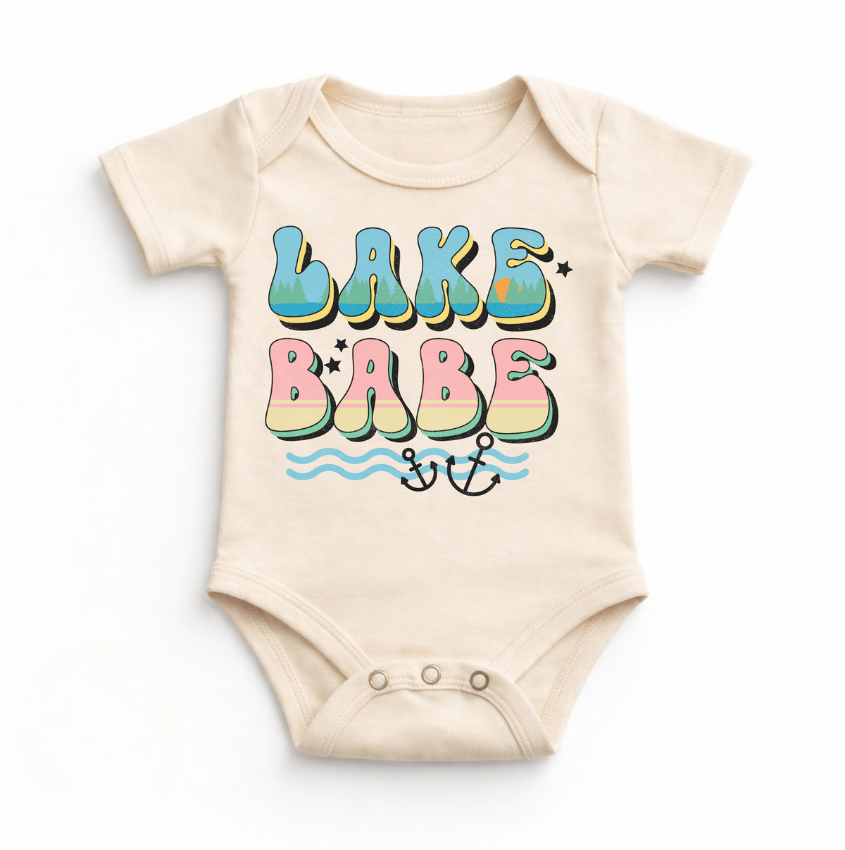 Lake Babe Retro Baby Bodysuit| Summer Lake Life Infant Bodysuit design on a natural garment.