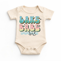 Lake Babe Retro Baby Bodysuit| Summer Lake Life Infant Bodysuit design on a natural garment.