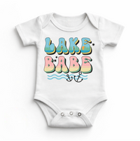 Lake Babe Retro Baby Bodysuit| Summer Lake Life Infant Bodysuit design on a white garment.