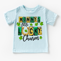 Mommy's Lucky Charm St. Patrick's Day design on a blue garment.