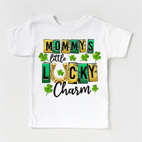 Mommy's Lucky Charm St. Patrick's Day design on a white garment.