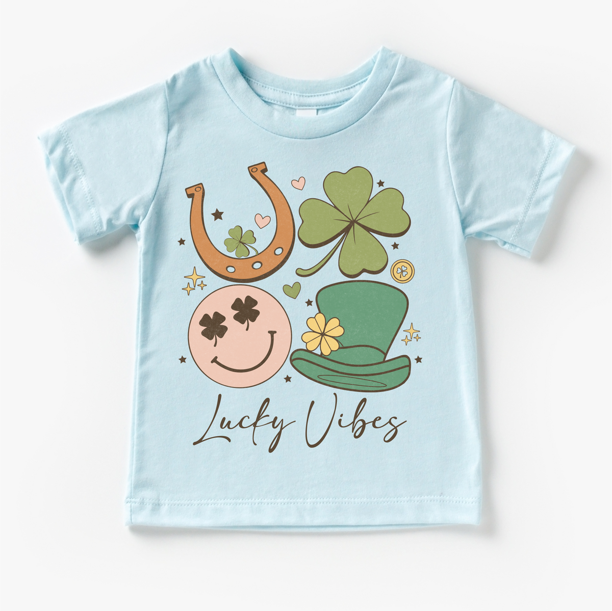 Lucky Vibes St. Patrick's Day design on a blue garment.