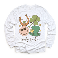 Lucky Vibes St. Patrick's Day design on a long sleeve shirt.