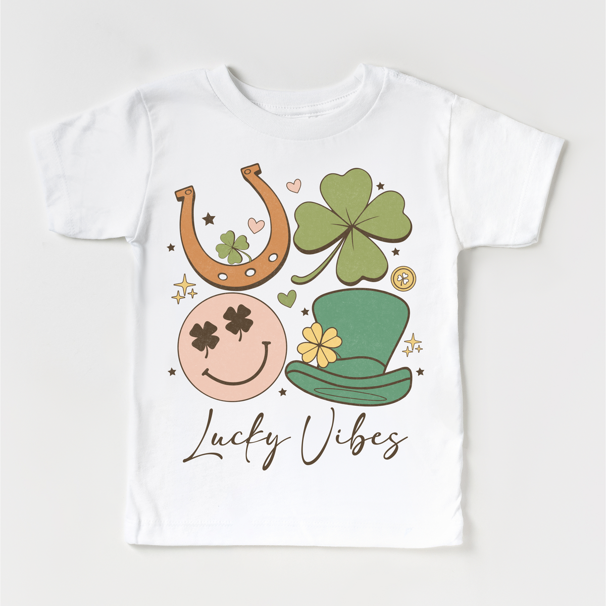 Lucky Vibes St. Patrick's Day design on a white garment.