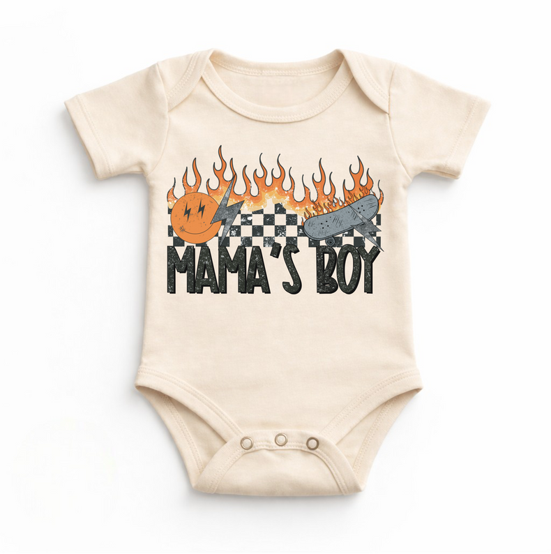 Mama’s Boy Baby Bodysuit | Retro Skater Infant Bodysuit | Cool Boy Outfit | Edgy Checkerboard Flame Design