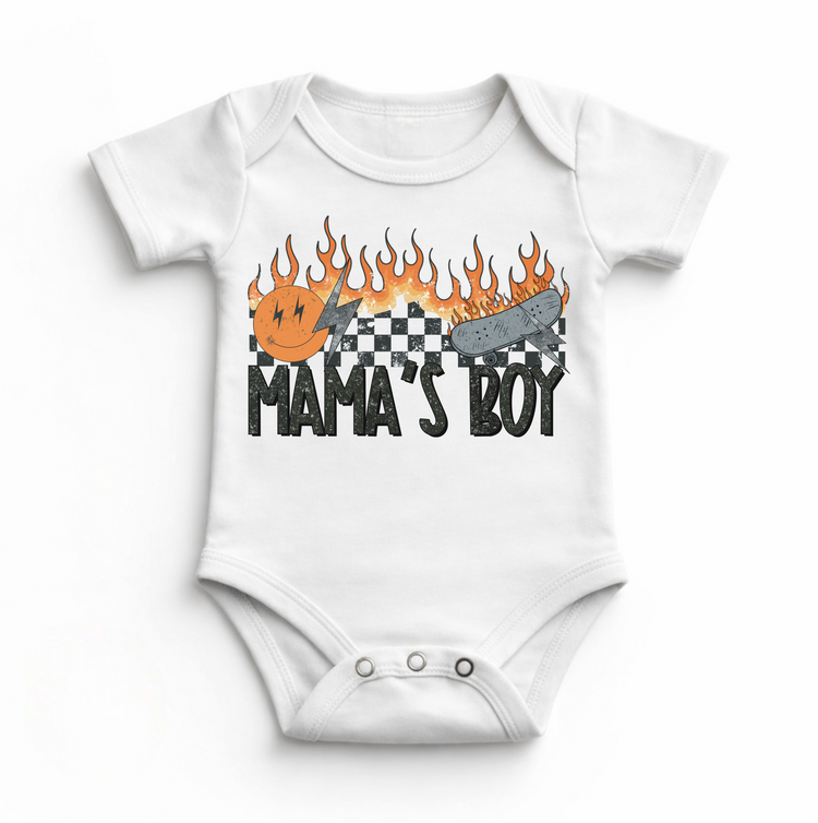 Mama’s Boy Baby Bodysuit | Retro Skater Infant Bodysuit | Cool Boy Outfit | Edgy Checkerboard Flame Design