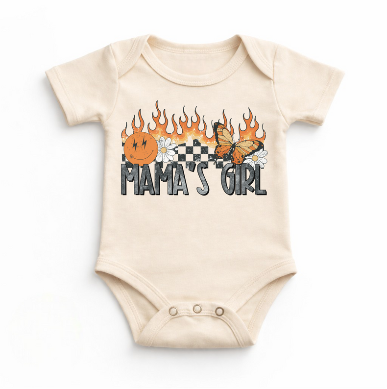 Mama’s Girl Baby Bodysuit | Retro Floral Butterfly Infant Outfit | Trendy Checkerboard Flame Design | Cute Girl Baby Clothes