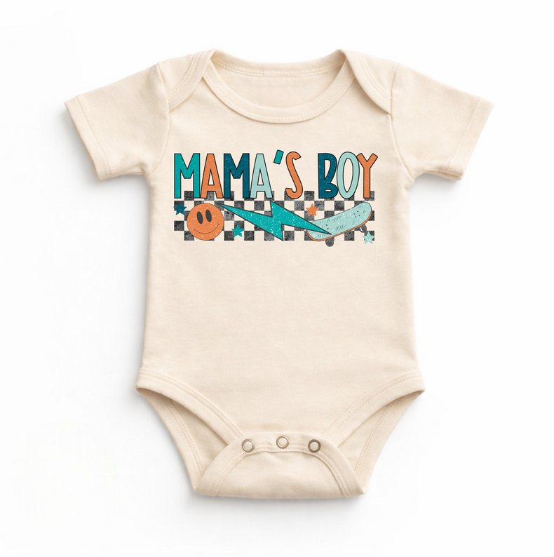 Mama’s Boy Baby Bodysuit | Retro Skate Infant Outfit | Cool Boy Baby Clothes | Checkerboard Lightning Graphic