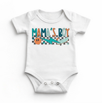 Mama’s Boy Baby Bodysuit design on a white garment.