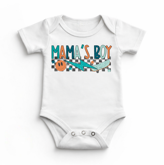 Mama’s Boy Baby Bodysuit | Retro Skate Infant Outfit | Cool Boy Baby Clothes | Checkerboard Lightning Graphic